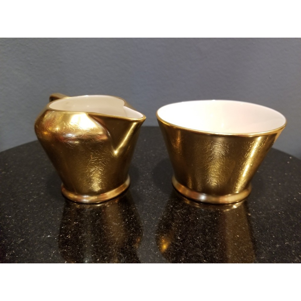 Vintage Pickard China DAISY Pattern Gold Creamer & Open Sugar Bowl Set #486